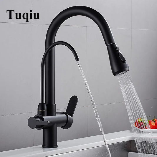 DecorBites™ Black Solid Brass 3 Way Kitchen Faucet Deck Mounted Water Filter Tap