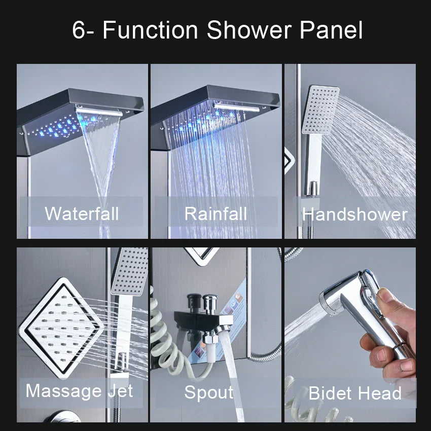 DecorBites™ Black LED Shower Panel Tower with Digital Screen and Thermostatic Mixer