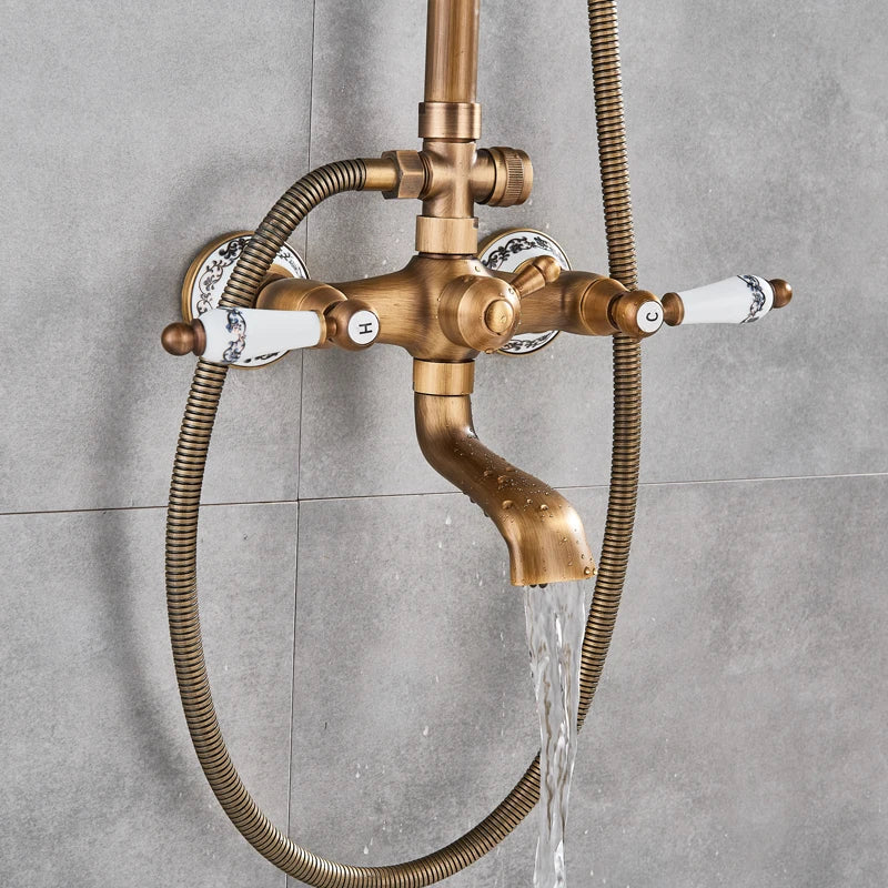 DecorBites™ Brass Antique Shower Faucet Set with Porcelain Ceramic Swivel Bath Spout
