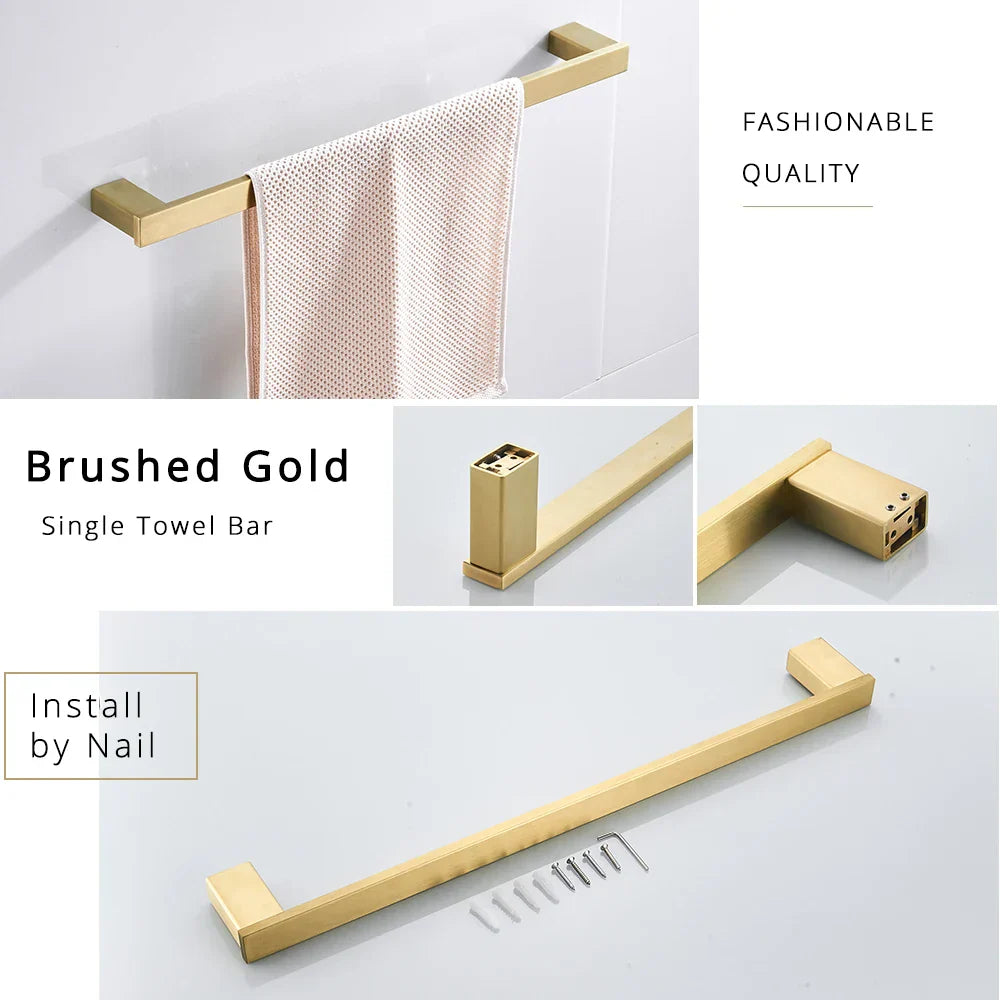 DecorBites™ Brushed Gold Bathroom Hardware Set: Robe Hook, Towel Rail, Bar Rack, Shelf, Tissue Holder