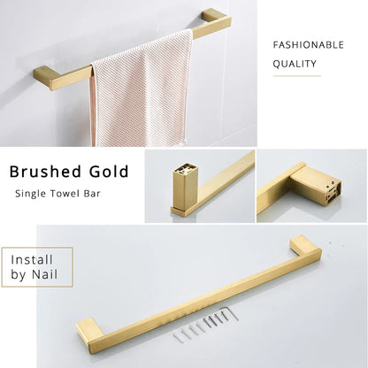DecorBites™ Brushed Gold Bathroom Hardware Set: Robe Hook, Towel Rail, Bar Rack, Shelf, Tissue Holder