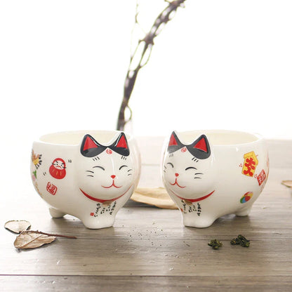 DecorBites™ Lucky Cat Porcelain Tea Set: Maneki Neko Tea Cup Pot, Strainer, Plutus Cat Teapot Mug