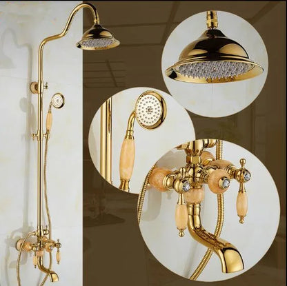 DecorBites™ Golden Brass & Jade Bath Shower Set - Wall Mounted Rainfall & Hand shower