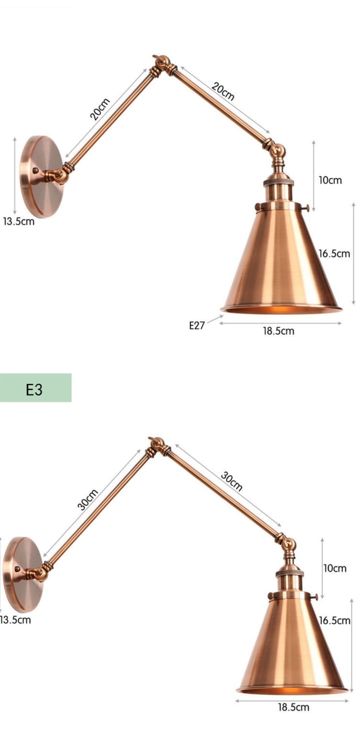 Antique black and copper adjustable wall lamp sconce featuring a brass-finished conical shade and articulated arm for bedroom lighting.