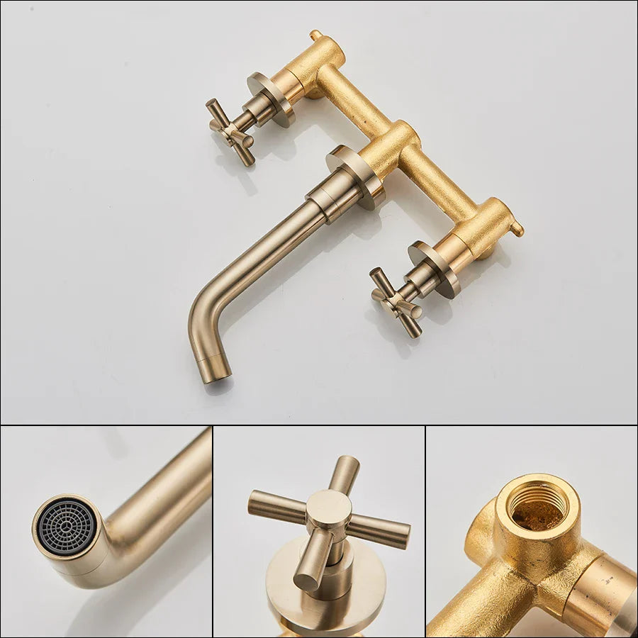 Gold Wall Basin Faucet Dual-Handle Brushed Gold