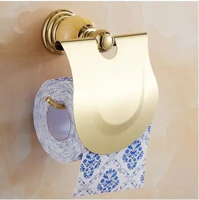 DecorBites™ Brass & Jade Gold Bathroom Accessories Set: Paper Holder, Towel Bar, Soap Basket
