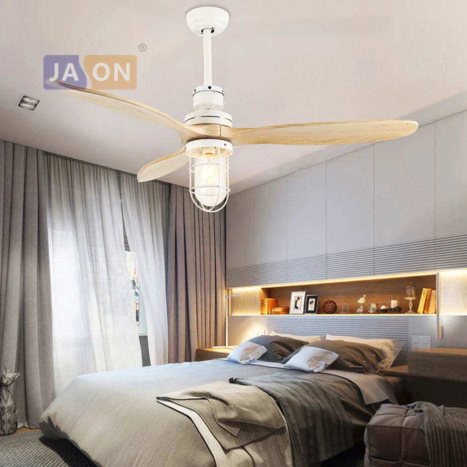 DecorBites™ Edison Loft Iron Glass Wood Ceiling Fan with LED Light for Foyer Bedroom
