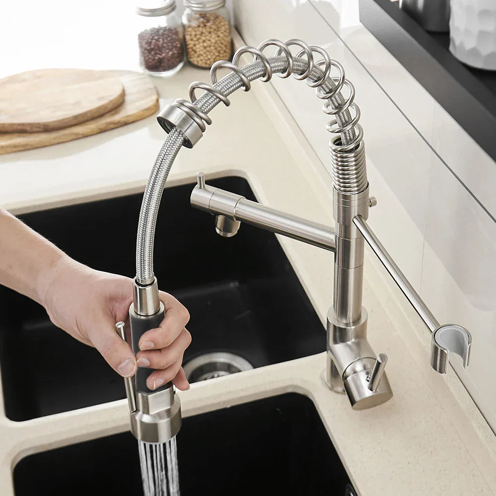 DecorBites™ Brushed Nickel Kitchen Faucet Pull Out Mixer Tap Swivel Water Outlet