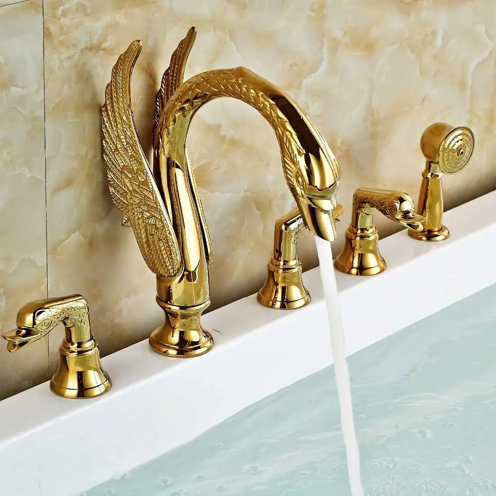 DecorBites™ Golden Swan Bathtub Faucet Set with Brass Hand Shower.