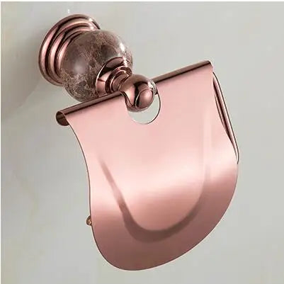DecorBites™ Brass & Jade Rose Gold Bathroom Set: Paper Holder, Towel Bar, Soap Basket