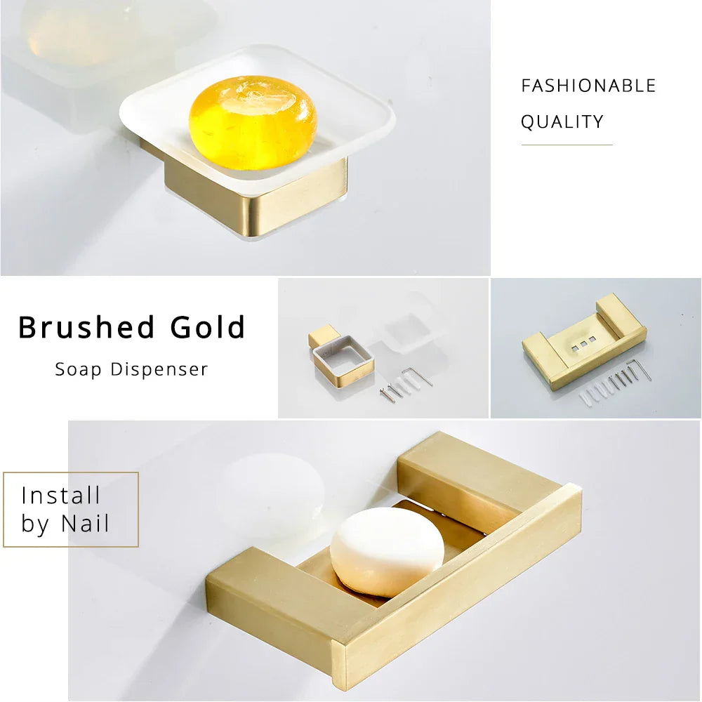 DecorBites™ Brushed Gold Stainless Steel Bathroom Accessory Set: TP Holder, Towel Bar, Storage Shelf