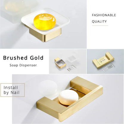 DecorBites™ Brushed Gold Stainless Steel Bathroom Accessory Set: TP Holder, Towel Bar, Storage Shelf