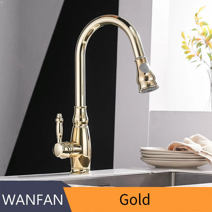 DecorBites™ Gold Kitchen Sink Mixer Faucet with Pull Out Spray Head Rotation - WF-4118