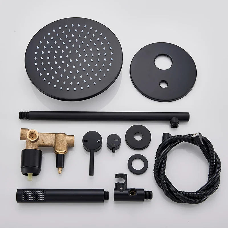 DecorBites™ Brass Black Shower Set with Ceiling/Wall Arm, Diverter Mixer, Handheld Spray, 8-16" Rain Head