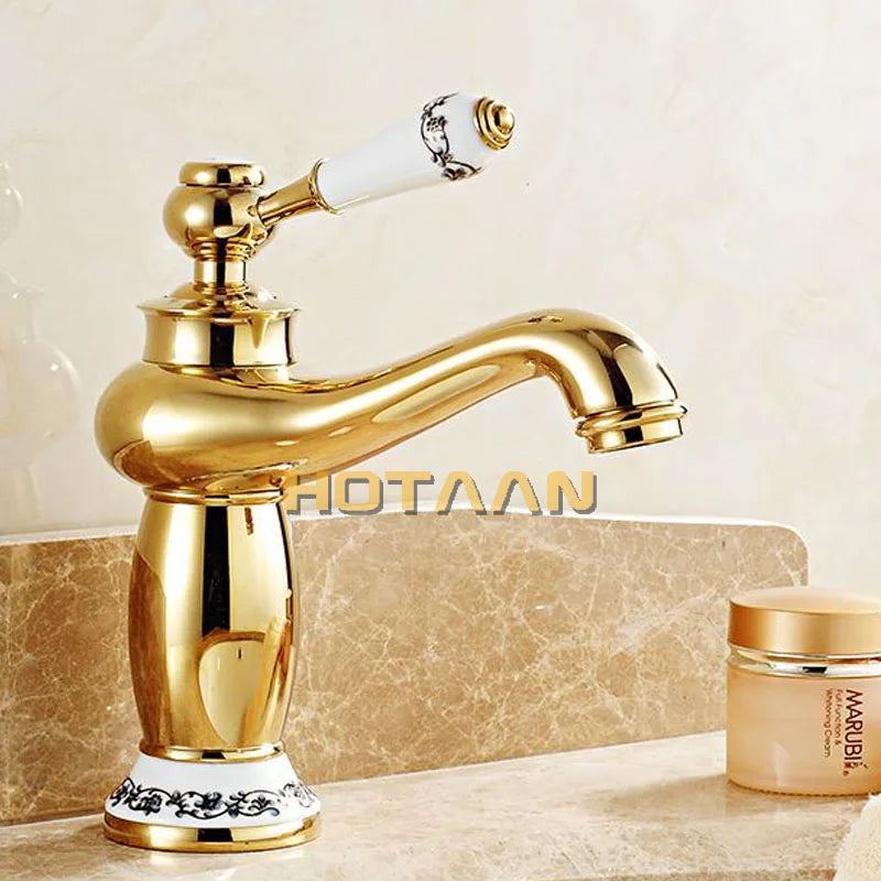 Grifo de Lavabo de Lujo Moderno con Acabado Dorado Decorbites™ Asa Única Agua Caliente y Fría de Latón