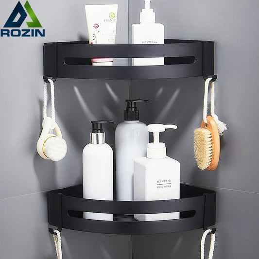 DecorBites™ Aluminum Black Corner Basket Cosmetic Rack for Bathroom and Kitchen Storage