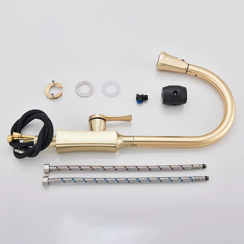 DecorBites™ Brushed Gold Kitchen Faucet Hot Cold Water Mixer Pull Out Spout Brass