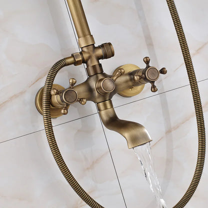 صنبور حوض استحمام ودش من DecorBites™ مصنوع من النحاس العتيق ومثبت على الحائط مع رف بمقبضين