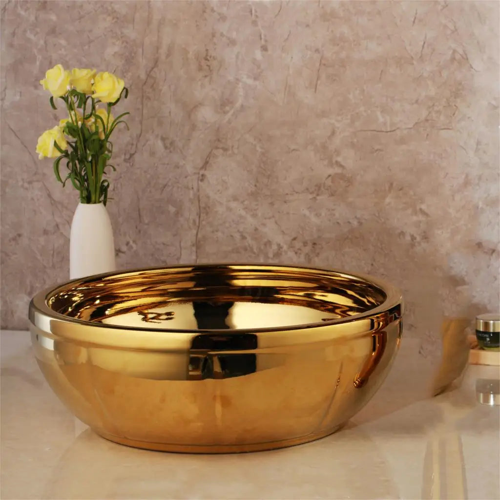 DecorBites™ Golden Ceramic Washbasin and Brass Mixer Faucet Set