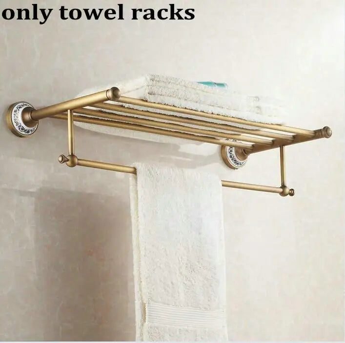 DecorBites™ Bathroom Accessories Set: Towel Rack, Bar, Holder, Hook - Antique Brass/Ceramic/Copper