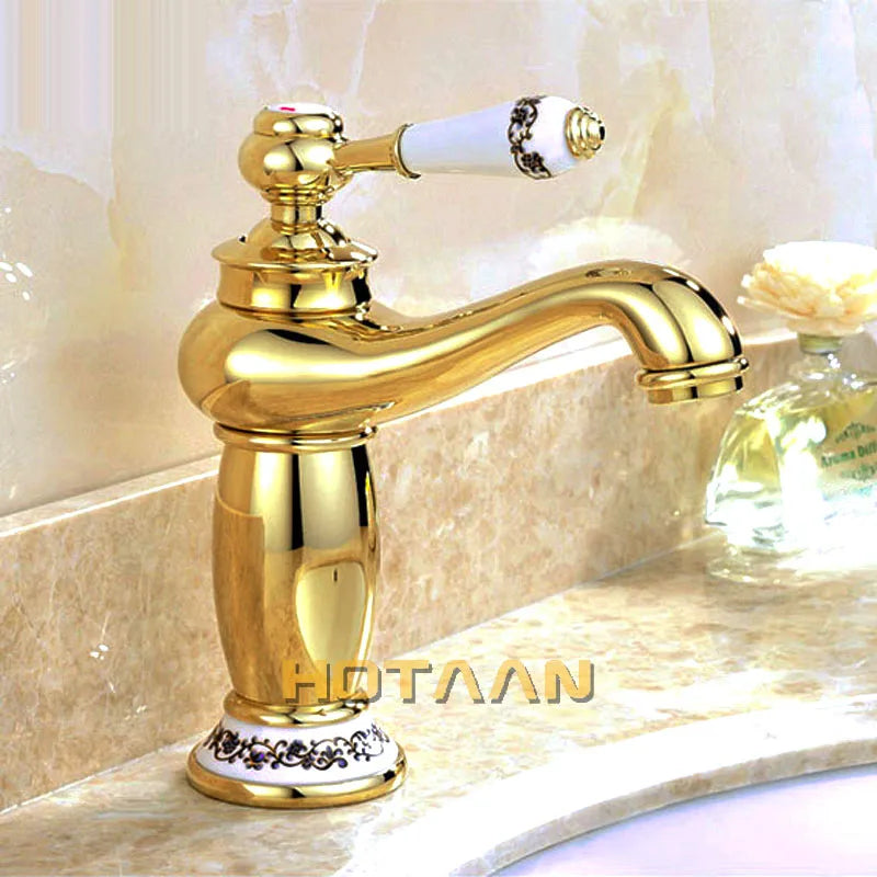 Grifo de Lavabo de Lujo Moderno con Acabado Dorado Decorbites™ Asa Única Agua Caliente y Fría de Latón