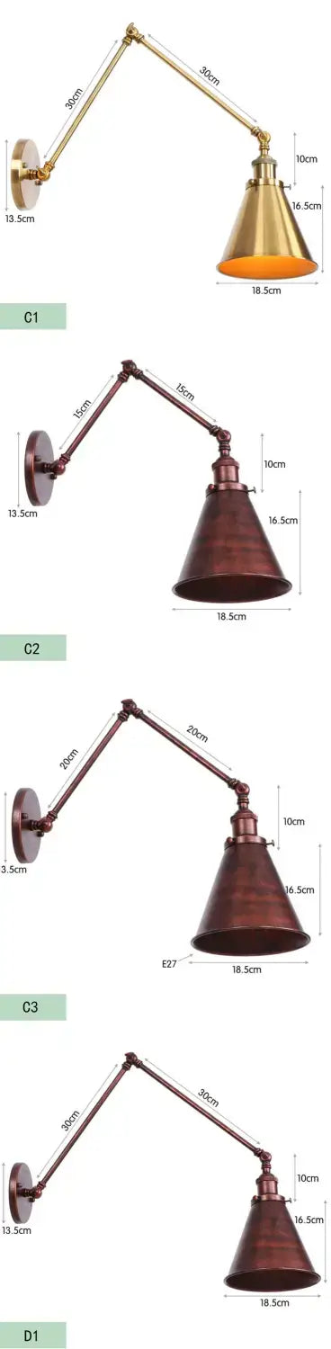 Antique black and copper adjustable wall lamp sconce featuring a brass adjustable arm and conical shade in industrial style for bedroom lighting.