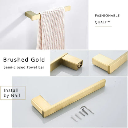 DecorBites™ Brushed Gold Bathroom Hardware Set: Robe Hook, Towel Rail, Bar Rack, Shelf, Tissue Holder