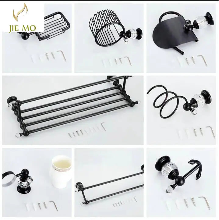 DecorBites™ Black Brass & Crystal Bathroom Accessories Set - Towel Rack, Towel Bar, Paper Holder, Soap Dish, Cup Holder, Toilet JM251