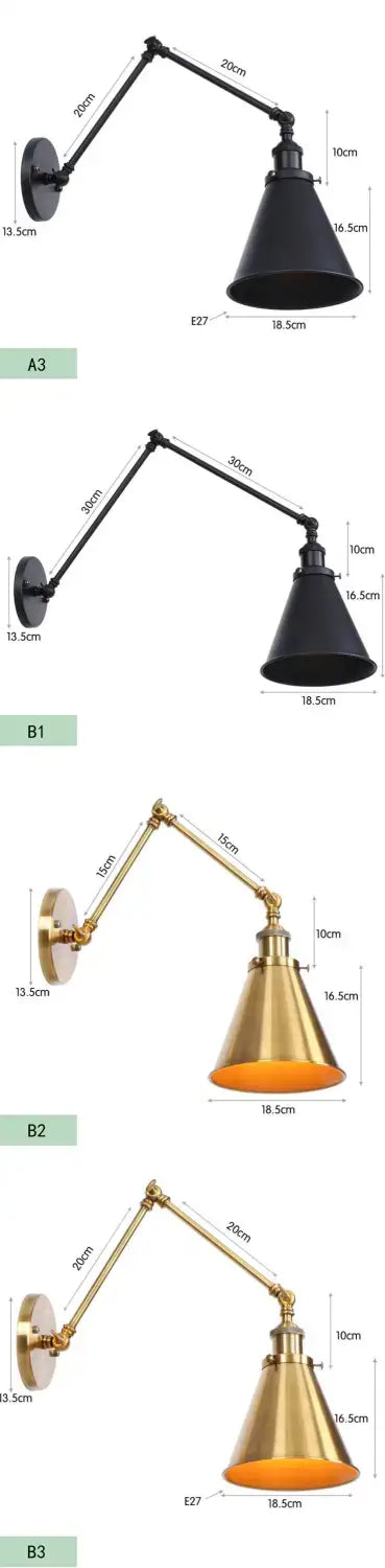 Antique black and copper adjustable wall lamp sconce with a black matte finish and conical shade for bedroom lighting.
