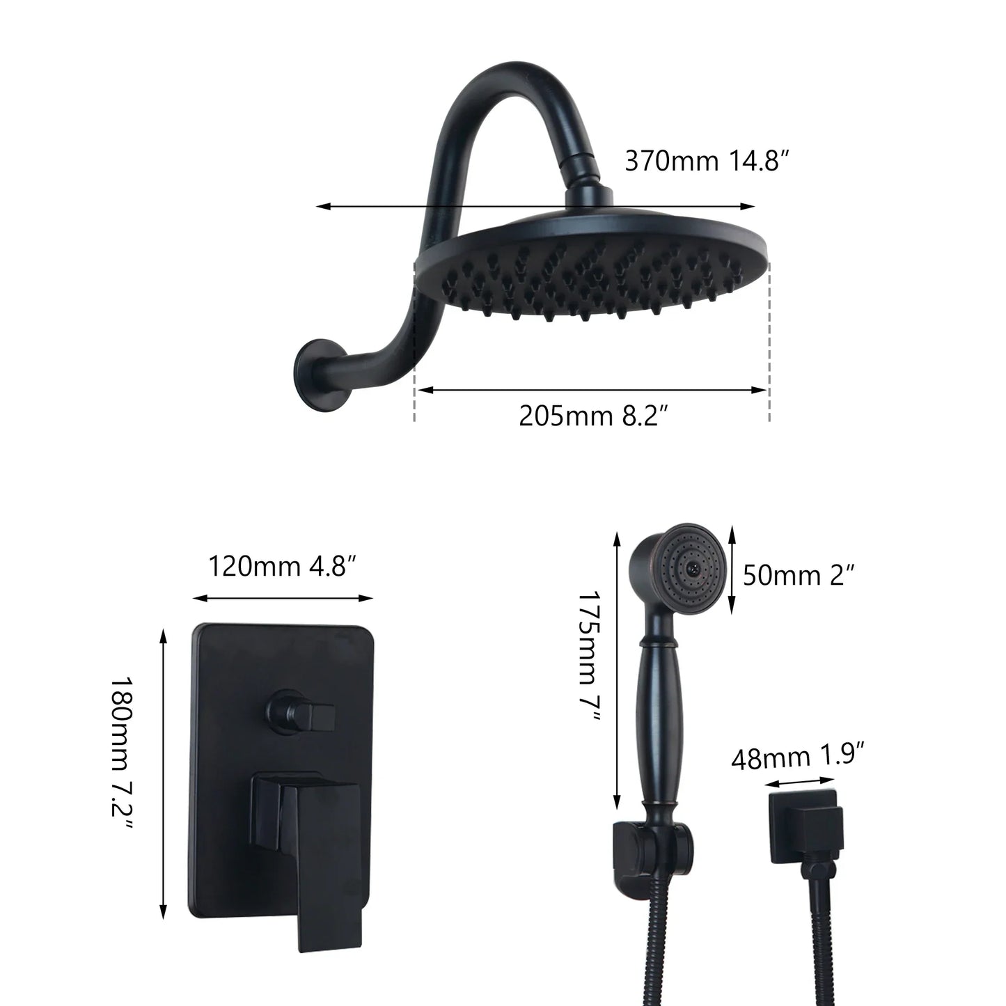 مجموعة صنبور دش مطري مثبت على الحائط من DecorBites™ مقاس 8 بوصات باللون الأسود غير اللامع مع دش محمول باليد