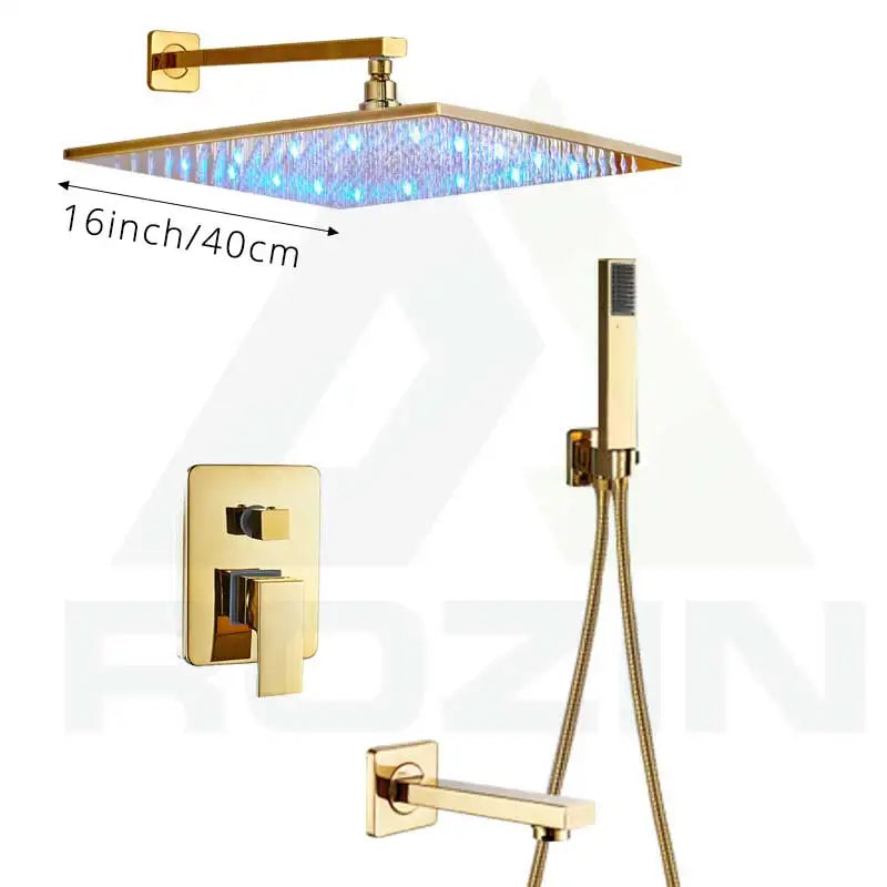 Grifo de ducha tipo lluvia DecorBites™ con LED dorado, mezclador de 3 vías y caño de latón