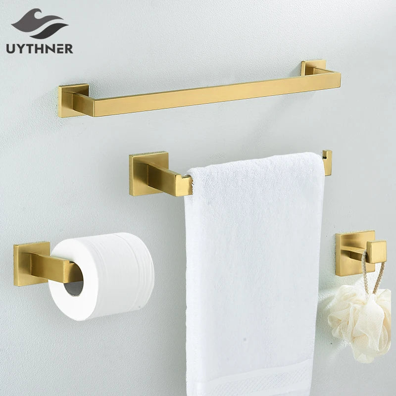 DecorBites™ Brushed Gold Bathroom Hardware Set - Robe Hook, Towel Rail, Tissue Holder & more