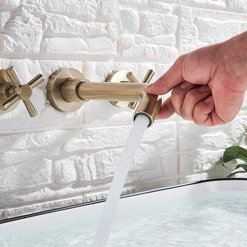 Gold Wall Basin Faucet Dual-Handle Brushed Gold