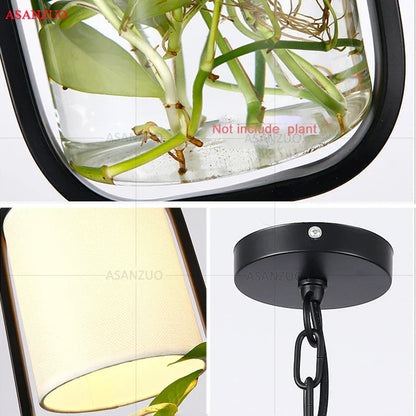 مصباح معلق على شكل قفص حديدي أسود من DecorBites™ مع غطاء من القماش الزجاجي E14 مصباح معلق علوي