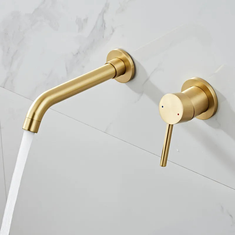 Decorbites™ Grifo Mezclador de Latón Dorado para Lavabo de Baño Empotrado en Pared para Agua Caliente y Fría