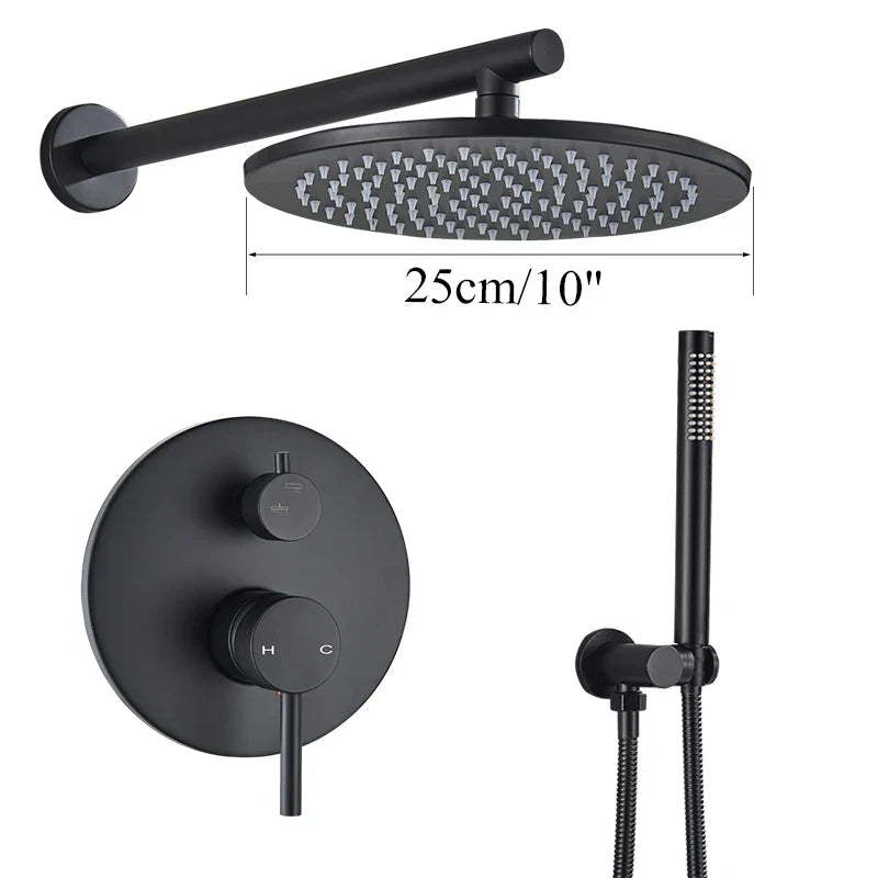 DecorBites™ Brass Black Shower Set with Ceiling/Wall Arm, Diverter Mixer, Handheld Spray, 8-16" Rain Head