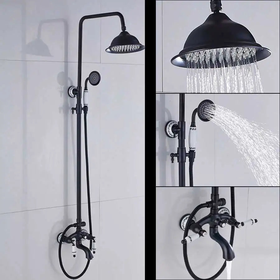 DecorBites™ Black Bronze Bathroom Shower Faucet Set with Dual Ceramic Handles & 8" Rainfall Column