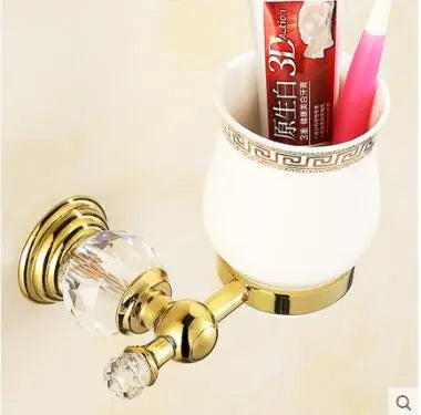 DecorBites™ Brass and Crystal Bathroom Accessories Set: Shelf, Robe Hook, Paper Holder, Brush Holder