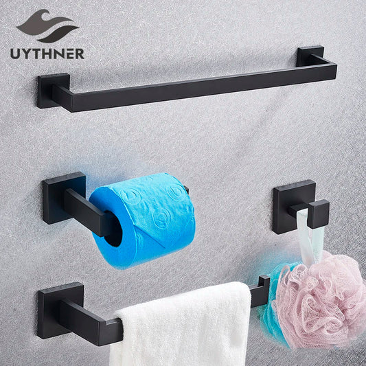 DecorBites™ Black Bathroom Accessories Set: Robe Hook, Towel Rail, Shelf, Paper Holder