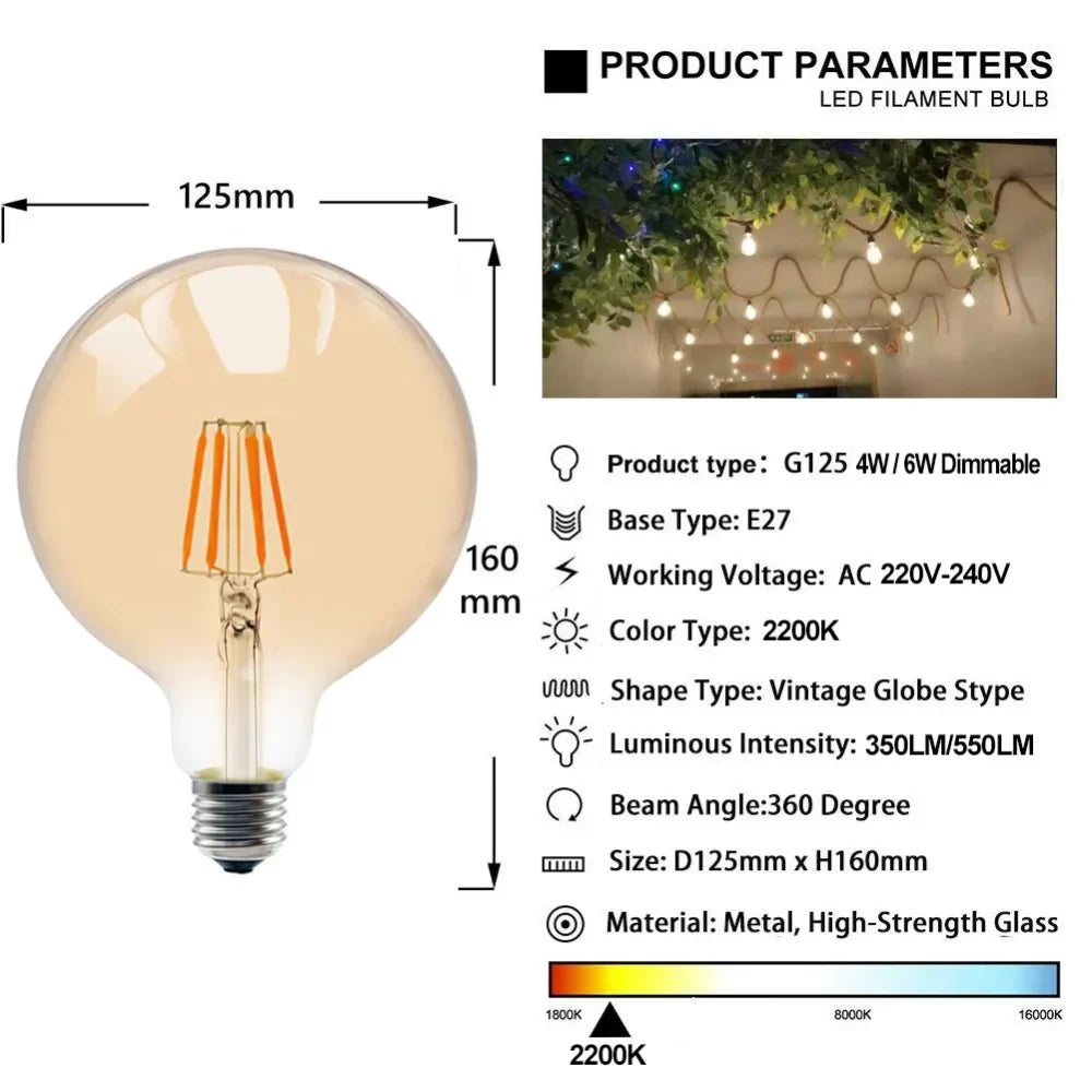 DecorBites™ G125 LED Filament Bulb 4W E27 Warm 2200K Dimmable Globe, Equivalent to 40/60W