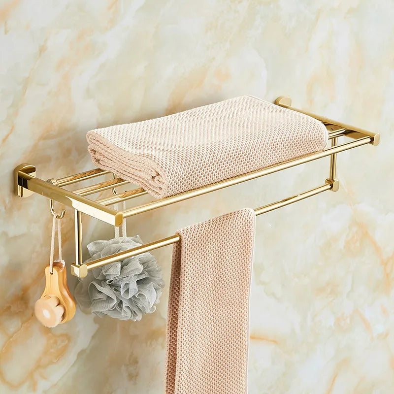 DecorBites™ Gold Brass Bath Hardware Set: Towel Rack, Paper Holder, Toilet Brush Holder, Towel Ranger, Hooks