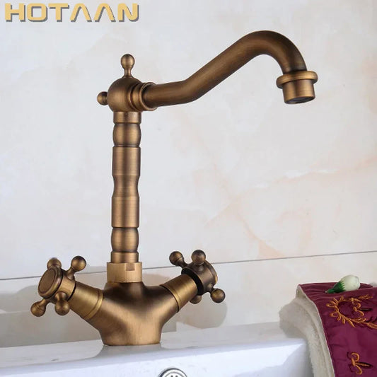 DecorBites™ Antique Brass Basin Faucet with Swivel Spout and Cross Handles