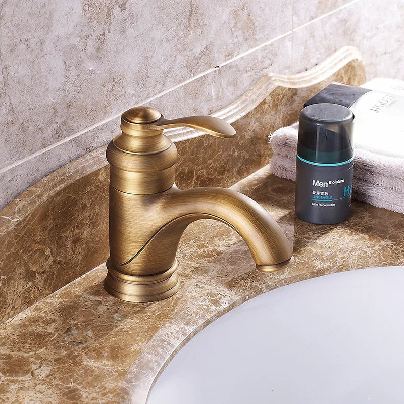 DecorBites™ Antique Brass Basin Faucet Single Handle Deck Mounted Bathroom Sink Hot Cold Mixer