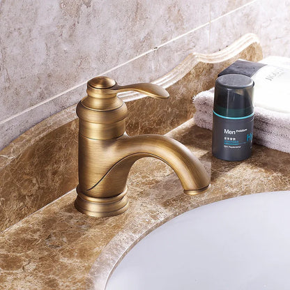 DecorBites™ Antique Brass Basin Faucet Single Handle Deck Mounted Bathroom Sink Hot Cold Mixer