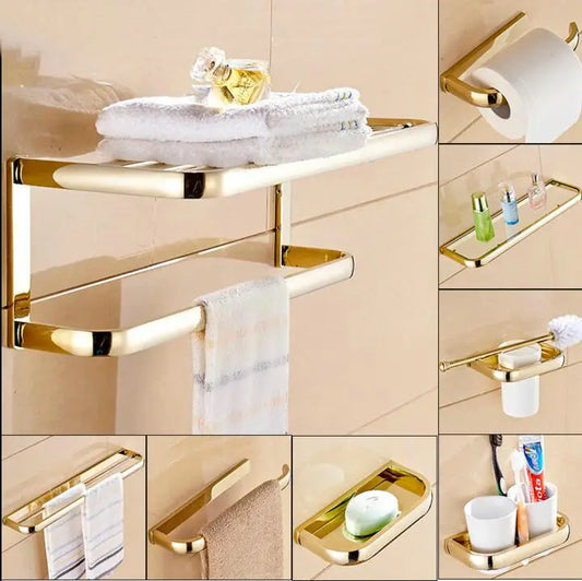 DecorBites™ Gold Bathroom Accessories Set: Towel Shelf, Towel Bar, Paper Holder, Cloth Hook