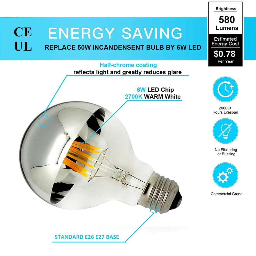 DecorBites™ 8W LED Filament Dimmable G45 Silver Mirror Top Bulb E12 Warm White 2700K
