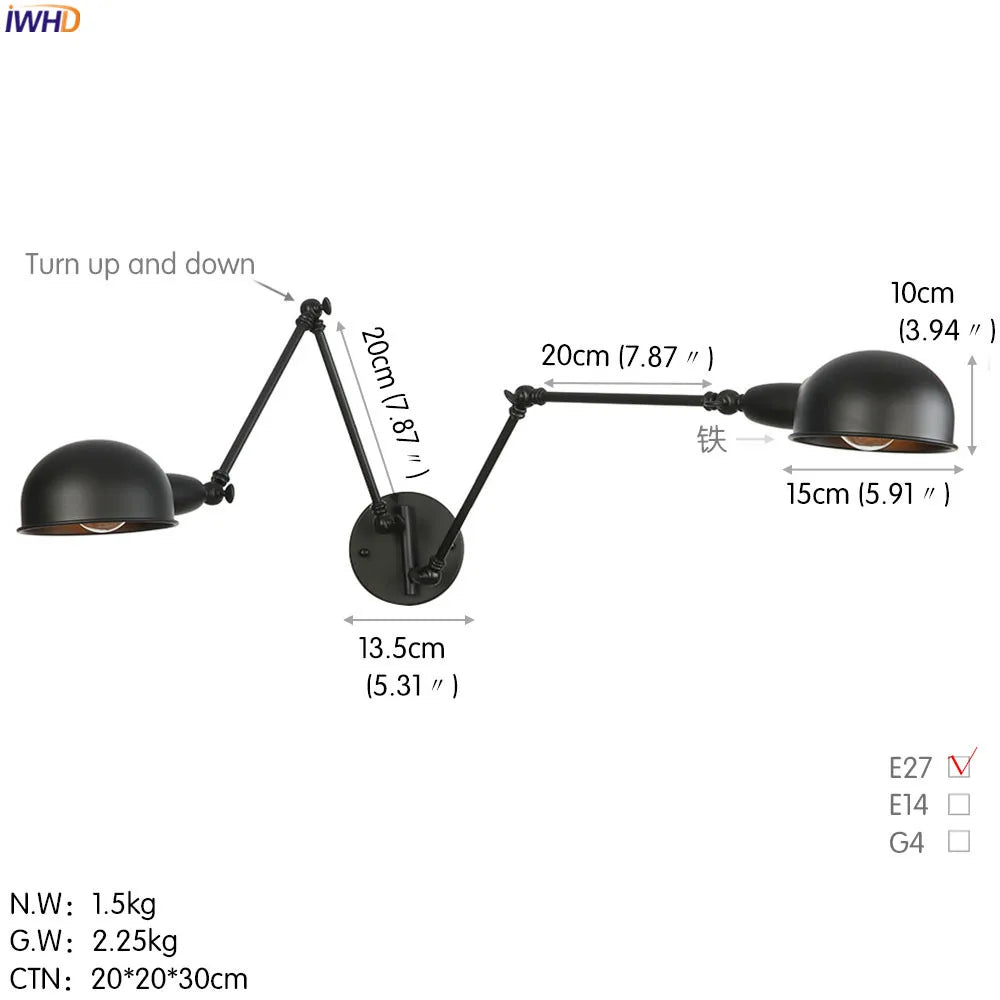 DecorBites™ مصباح حائط LED بذراع قابل للتعديل - مصباح حائط صناعي طويل بتصميم عتيق