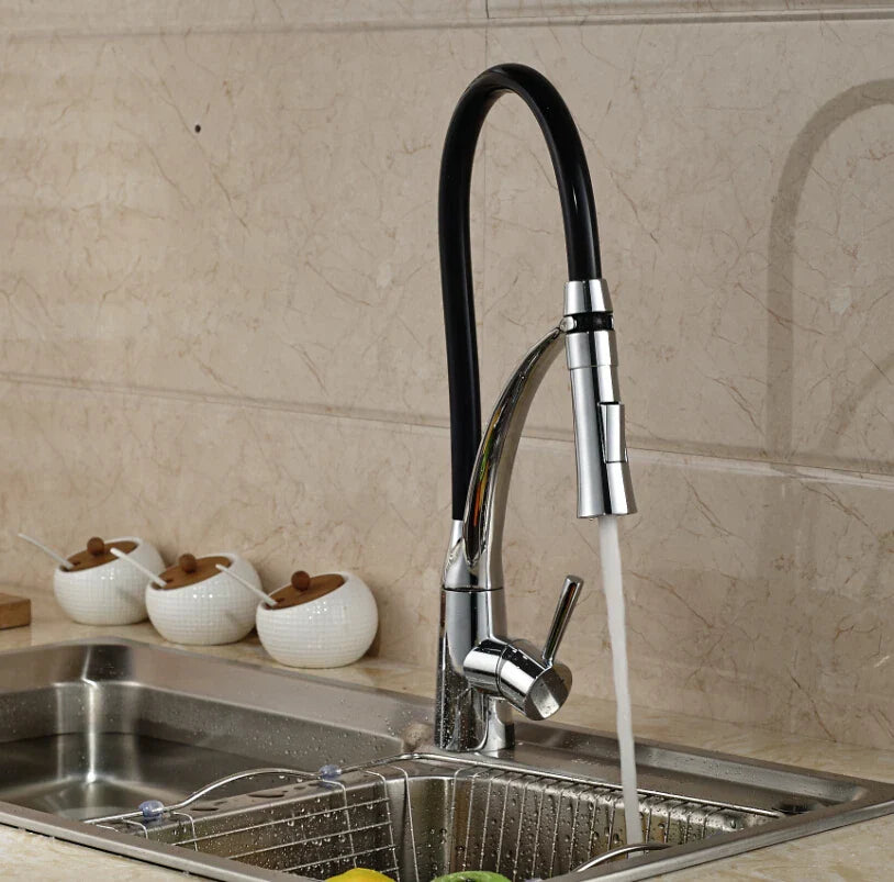 DecorBites™ Black Hose Kitchen Mixer Tap with Single Handle Stream Sprayer, Chrome Finish