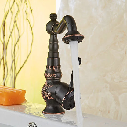 DecorBites™ Black Flower Carved Basin Mixer Tap with Swivel Neck, Single Lever Control