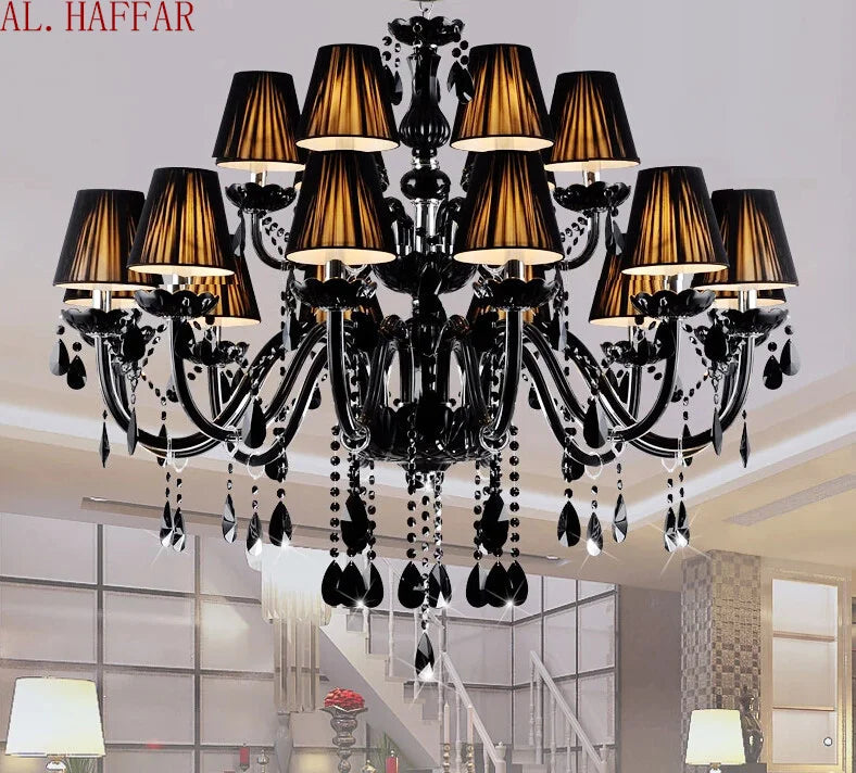 DecorBites™ Black Crystal Chandelier Lamps with Fabric Lampshades for Dining, Bedroom, Living Room